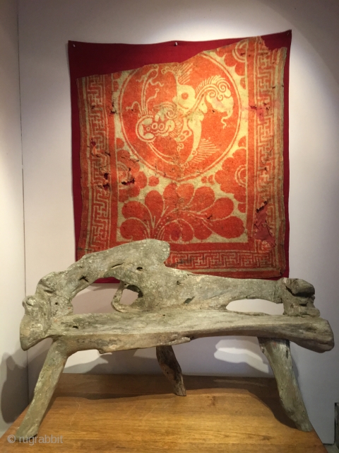 Beautiful early Silk Road felt fragment and yew bench.                        