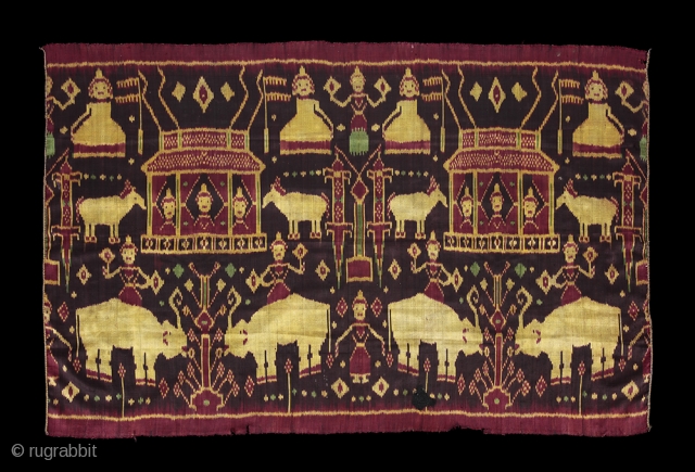 1920s Pidan, ceremonial hanging, silk pictorial ikat with natural dyes depicting episode of Vessantara Jataka. Khmer people, Cambodia
               