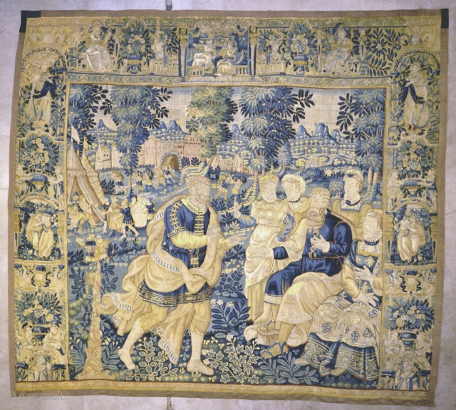 Brussel Tapestry- 9'x10' 

1550's rare antique Brussel tapestry alterpieces often included silk, which was used to obtain the greatest possible naturalistic detailed painting. Such pieces were designed for churches or private chapels. 