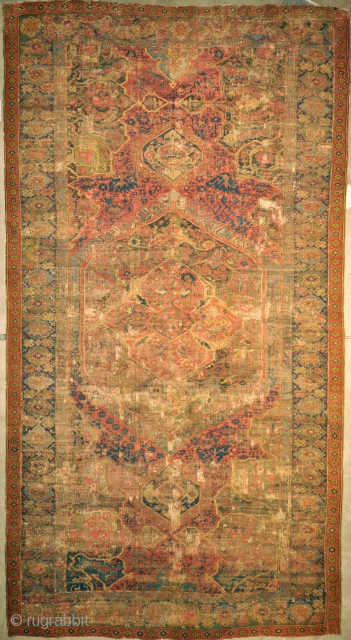 Large Antique Turkish Oushak Rug, Country of Origin: Turkey, Circa: 17th Century (1700)

Extensive old restoration and has old backing  
8'9x15'2            