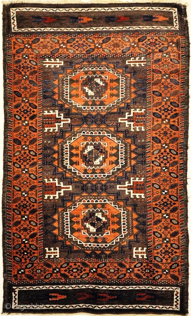 Antique Original Baluch with 3 Medallions and Unique Knotted Ends
3′ x 5’11”                     