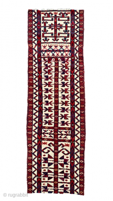 Salor Tent Band fragment of a very rare, high-quality Salor tent band with knotted designs on a white warp-faced plainweave ground. Some design details are woven in ruby silk, and white cotton  ...