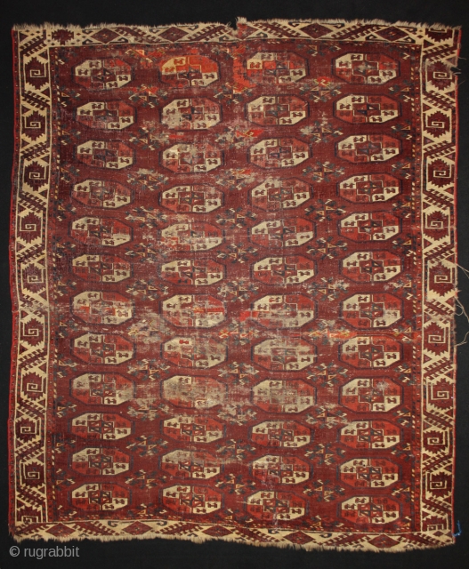 Early turkmen maincarpet, before 1800,open right, in as found condition, silk highlights
size: 215x192cm                    