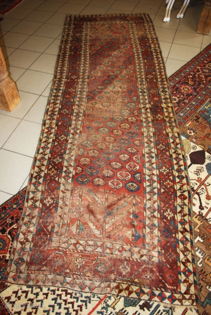 very intresting Shahsavan runner with turkoman design, in poor condition,size 304x102cm                      