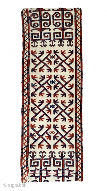 Saryk Tent Band fragment, a section of a tent band originally very much longer (ca. ten to twelve metres), on a white wool warp-faced plainweave ground. The unusual motifs drawn with a  ...