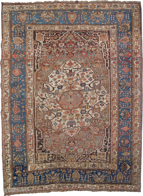 This unusual Khamseh rug showcases a captivating soft palette. It features a variety of Bakhtiari motifs. Late 19th Century. 176x141cm

More info: https://sharafiandco.com/product/antique-khamseh-rug-176x141cm/
           