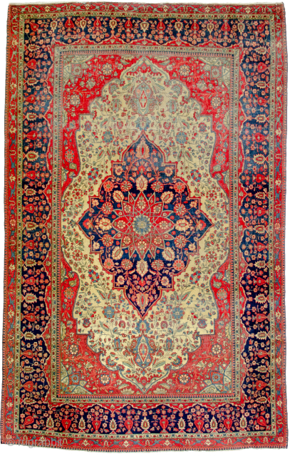 Antique Kashan Mohtasham 19th Century 205x147cm. About a third of the piece is evenly worn, and one end is slightly reduced. This has not retracted from the beauty of the piece and  ...