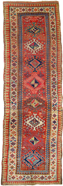 Antique Shahsavan Runner 321x109cm, late 19th Century
Splendid antique Shahsavan runner with a beautiful hue of red for ground colour. Multiple medallions run along the centre, with charming motifs scattered in the field.  ...