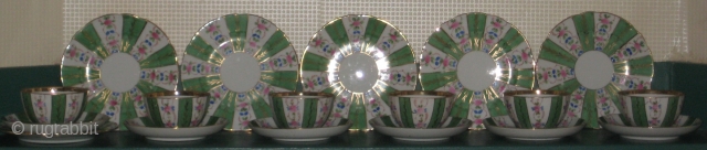 A set of six trios of a cup, a saucer and a cake plate, 18 pieces all together, ex-Kuznetsov Dulevo factory, marked for Oriental market, c. 1930, D. 9.3, 14.5, 17 cm  ...