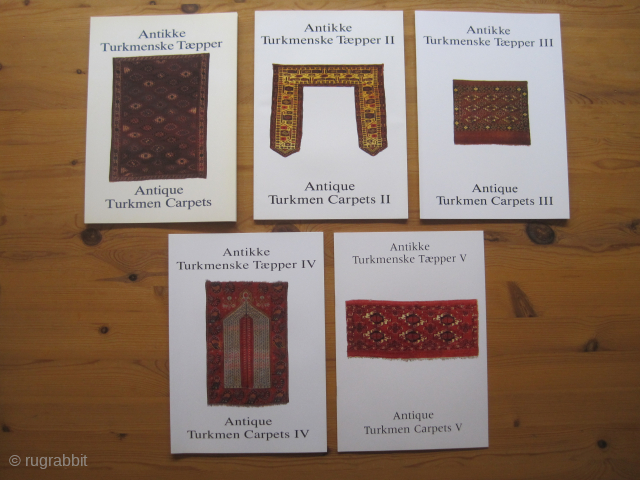 Books: Elmby, Hans. Antique Turkmen Carpets I+II+III+IV+V (complete set).
Complete set of these dealer's sales and exhibition catalogues on Turkoman with some other Central Asian weavings. Large variety of types and designs (rugs  ...