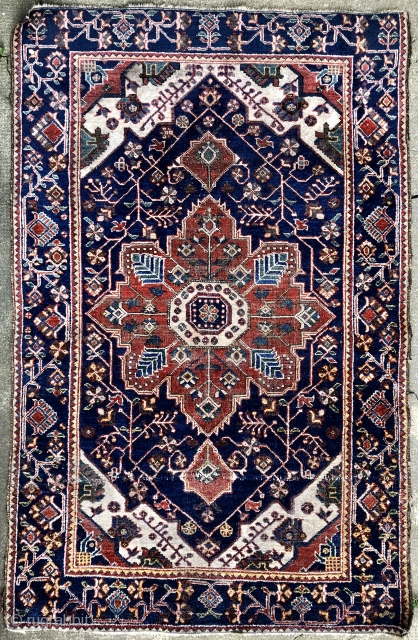 Ghahestan/Kuhestan South Khorasan ; Ferdows  
Baluch pre 1900   
Outstanding colour palette  ; some old repairs 
Cotton warp ; wool cotton mix wefts 
171 cm x 114 cm 
 