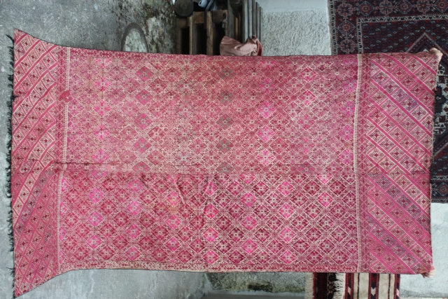 antique and large  19th century Pashtun Swat Valley silk embroidered on cotton Phulkari shawl with cotton fringes please ask
             