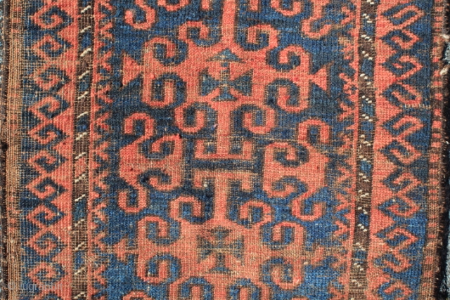 antique 19th century northwest afghanistan bahuli nomad belouch rug 
yastik format 58 cm x 105 weft brown hair  goat?  
warp SZ2ply brown ivory wool       