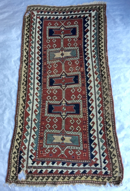 1880s or earlier 3' 8" - 4' 1" x 7' 9" Kazakh in need of restoration.  Quote includes shipping/U.S.  3 day returns policy.        