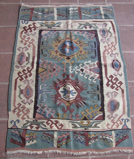 3' 5" x 4' 10" European Kilim; needs to be cleaned.  3 day returns/shipping included in quote/U.S.A.               