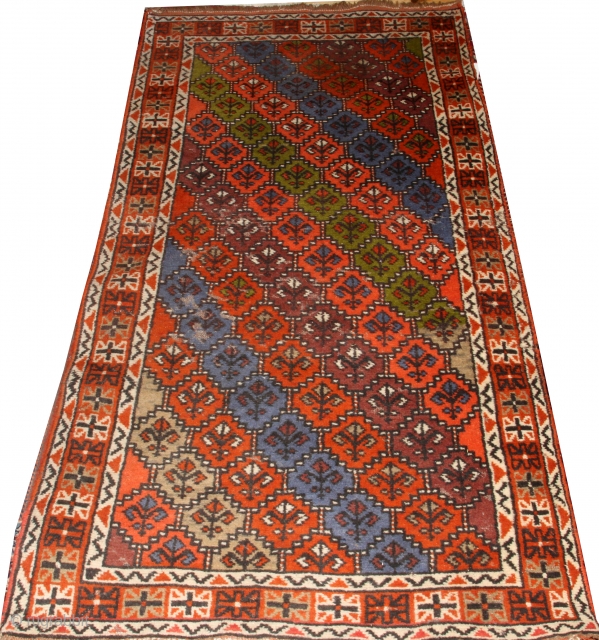 Hamadan wool rug, W 3' 2", L 6' 2". Believe to be 1890-1910.Multi-colored with three borders, diagonal multi-colored patterns. 

Two places with significant wear as pictured - presents very well overall.  