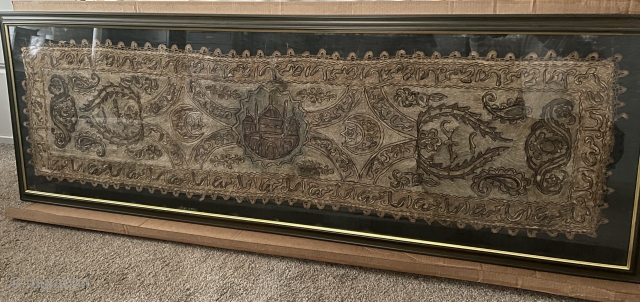 Stunning 19th Century Ottoman (Turkish) 6’x2’ tapestry/ rug and 34”x18” bochas/ pillow case.
Items have beautiful detail and are silk embroidered/ metal thread. There is a mosque in the center of the large  ...