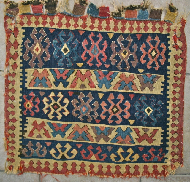 Rare Shahsavan Flatweave Khordjin, circa 1860. Size: 56 cm.x 58 cm.
There aren't many of these flatweaves around, and if they are, they're usually smashed.
This piece has wonderful saturated colors. It's just a  ...