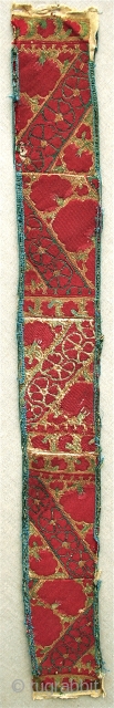 A very good circa 1850 Karakalpak  (Uzbekistan),  silk embroidered sash, that was used in a headdress.  Silk on cotton, and it was originally made like this, woven in short  ...