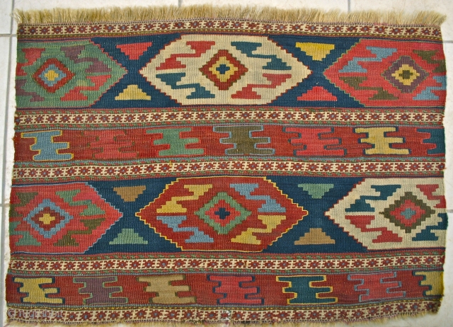 Shahsavan Mixed Technique Mafrash Panel
circa 1875. size: 83 cm.x 55 cm.
Very Crisply drawn, luminous wool & deep saturated colors,
a boyaci's top results on the color! Narrow bands of sumach technique
mixed with traditional  ...