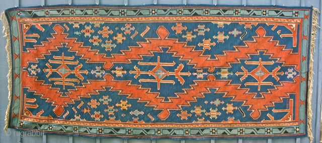 Avar  KELIM Kelleh, circa 1880. Mint condition; Size 10'10" x 4'6".
Very attractive  rug in original condition, including sides and ends; has cotton "loops" on one side so probably was always  ...