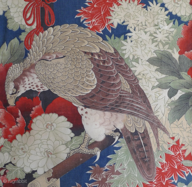 Japanese Printed Fabric. Powerful pattern of eagles perched upon sword cases surrounded by full-blown peonies, chrysanthemums, and maple leaves. Most likely produced in the decade leading up to World War Two. Roller-printed  ...