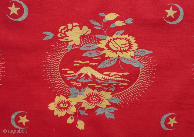 Mount Fuji. Russian roller-printed cotton cloth for export. Early 20th century. An interesting pattern that combines the iconic Japanese Mt. Fuji with the Islamic star and crescent. I have seen three versions  ...