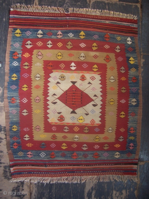  Anatolian Kelim late 19th century.

Size 115cm by 99cm.

Condition: with professional repairs .

...................................................Best offers considered....


                  