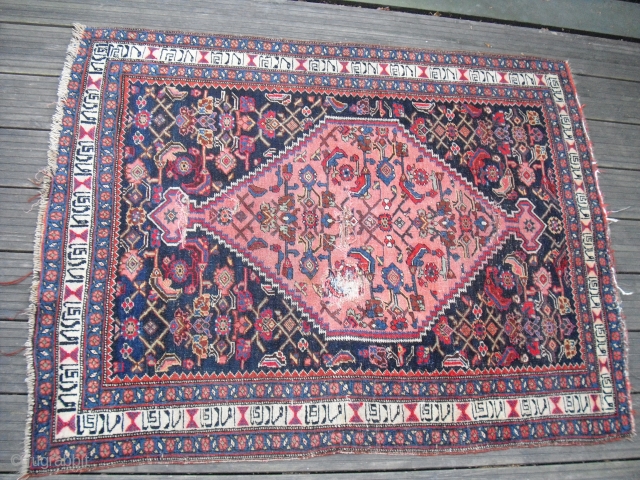 kurdish Bidjar - fragmentary - wool on wool - around 1900 - with damages - professional cleaned - with very rare inscription           