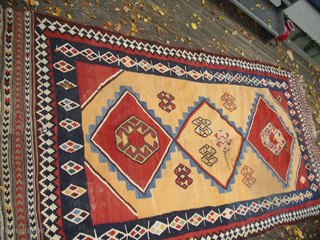 19th century Qashqai or Luri Kilim/ Size: 308 cm x 148 cm/ with some holes and wear/ needs a wash/ very nice natural colors/ Wool on Wool      