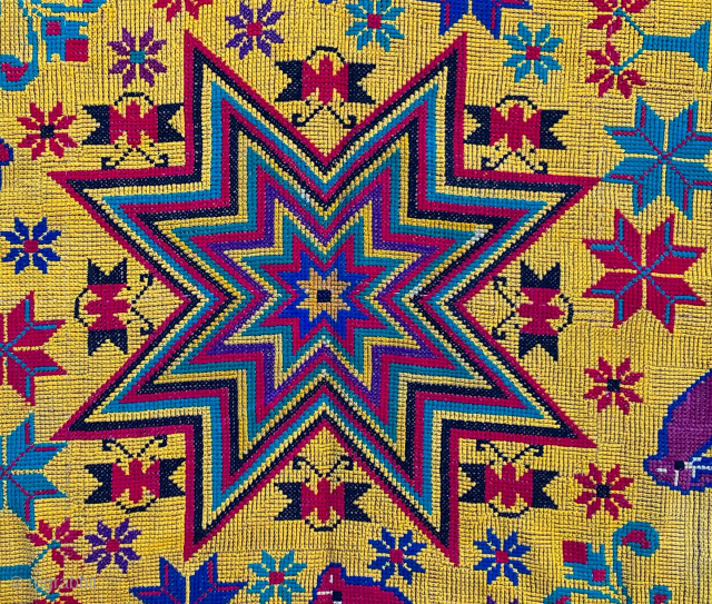 Antique Cross-stitch wool embroidery, 5'5 x 8'4, made in Goa,India, 19th century. Beautiful, saturated colors with unusual radial field design of multi-colored horses, peacocks and small birds flanking trees of life, and  ...