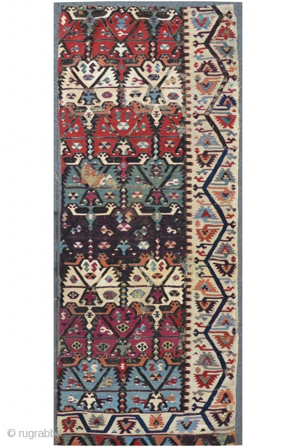 Central Anatolian Kilim Fragment, great colors incl. a rare dark Aubergine, first h. 19th, 267 x 107 cm               