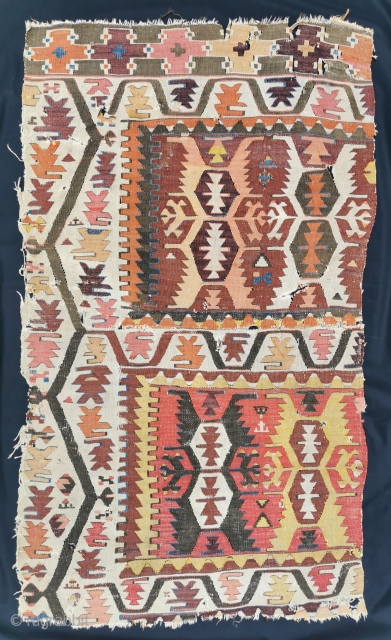 Anatolian kilim fragment with rare upper end border design, 141 x 82 cm                    