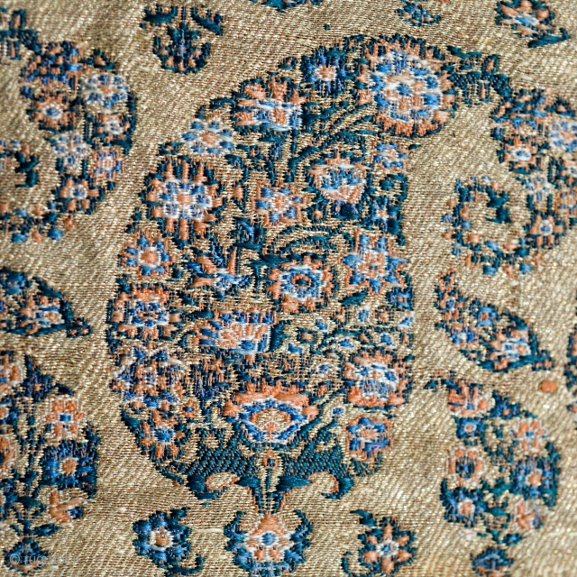 16th Century Safavid Silk Lampas panel with lavish gold thread. 
Good condition. Museum piece. Some red thread remains on the edges from a previous mount and I did not remove it.

  
