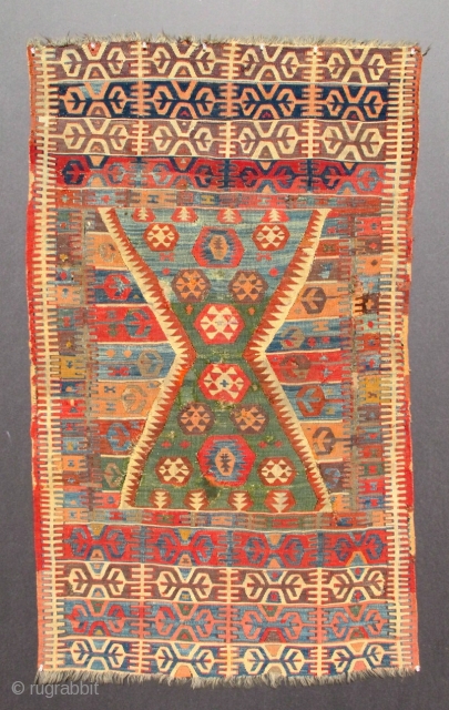 Early Anatolian Kilim with full color spectrum. Old repairs.                        