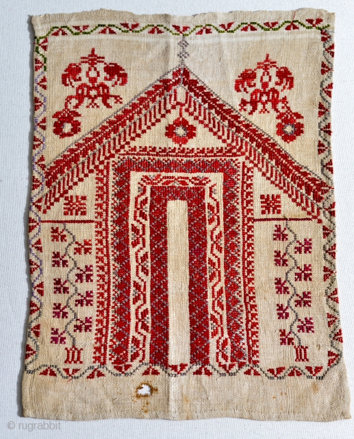 1800s Palestinian embroidery with Tyrian dye and traces of green silk.
Very early example from Ottoman era. 11 x 15 inches. 
It will flatten fine (was not stored flat).     