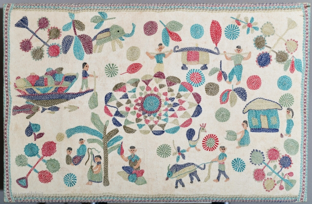 Bangladesh or India Kantha mounted on heavy frame (would need to dismount if shipped internationally).
Some faint stains
35 x 24 inches             