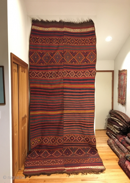 Uzbek Tatari Kilim Flatweave. Last Quarter 19th Century. Mint condition considering age. All sides original with macrame ends. 6 colors. 12’9” x 5’0”. Delicately hand washed.       