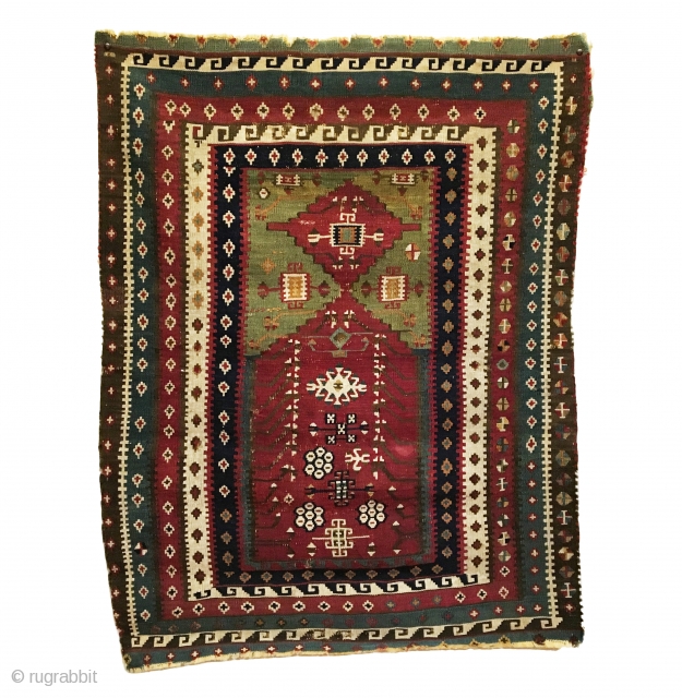 Antique Turkish Reyhanli Prayer Kilim. SE Anatolia. 2nd Half 19th Century.  Extremely Rare with an exceptionally tight and fine weave, compares with Persian Sehna work.   Minor loss to top  ...