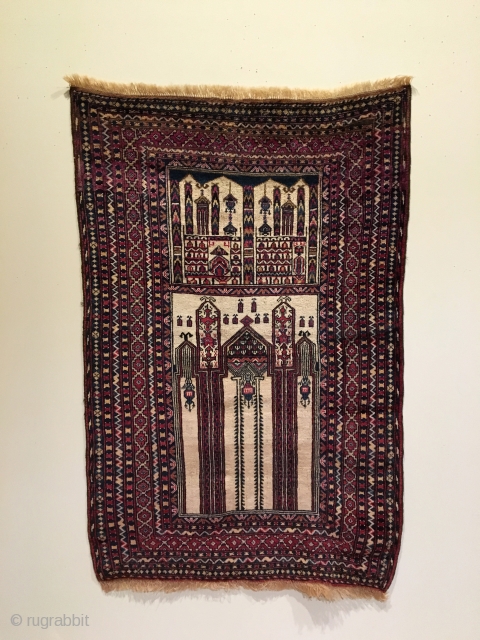 White Ground Baluch Prayer Rug. Full pile.  Soft, silky wool.  Goat hair selvage.  55 x 36.  6 saturated colors.  Clean and hand washed.     