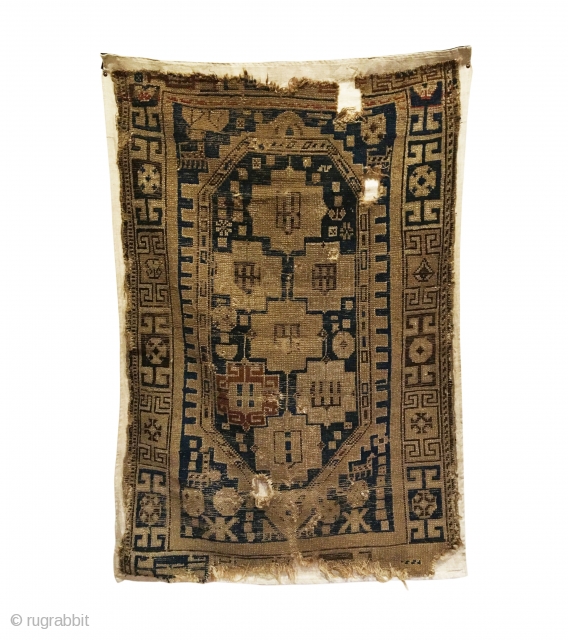 Antique Shirvan Rug. Perhaps a Prayer Rug? (Note Mosque Dome at top). Archaic Kufic border. Six creatures within field. 3 holes as shown with losses to top and bottom. 3’2 x 4’10.  ...