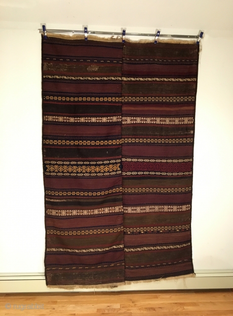 Qala-i-Nau Baluch Kilim.  Circa Antique.  Two piece kilim design.  4 cord wide selvage.  Excellent condition.  2 repairs as shown.  6 colors.  91 x 55.   ...