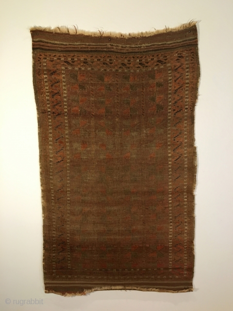 Small Baluch Rug.  Circa Antique.  Leaf tree field motifs.  4 colors.  Loss to right edge.  Even wear.  61 x 36.  Clean and hand washed.  