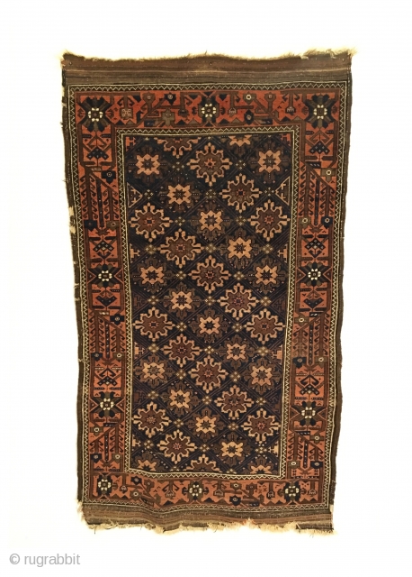 Baluch Rug.  Northeast Persia, Khorasan, Torbat-e-Haidari.  Last Quarter 19th Century.  Totemic Mina Khani flower border.  Dual striped lattice flower field.  Great condition.  5 colors.  71  ...