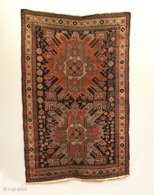 Antique Chelaberd Karabagh Rug. Last Quarter 19th Century. Madder and purple Eagle Gul on brown field. 7 colors. Good condition considering age, original selvage, rewoven end. 3’4 x 5’3. Delicately hand washed. 