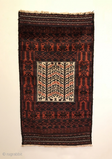 Antique Baluch Rug. Sangtschuli Tribe - Northwest Afghanistan. Bird tree main border frames a window viewing a forest. Flat-woven ends contain five horizontal stripes. Finely woven with soft, lustrous wool. Mint condition.  ...