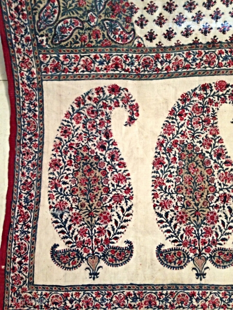 Antique 19th century indian or persian kalamkare...Very rare to find this kind of kalamkare....Both side is same block print.

Condition is both side of frills are not there and two or three small  ...