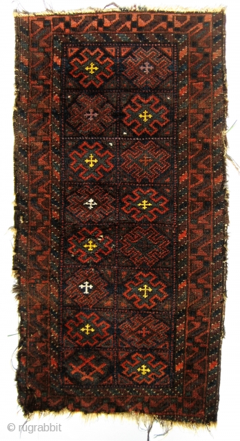 Belouch Bag Face, 1'9 x 3'4. Desirable compartmented design compares favorably to Plate 53 in Jeff Boucher, Baluchi Woven Treasures. Note the added crosses, the sileh dragon border, the abundant green and  ...