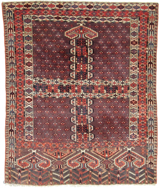 Yomud Ensi, 4'8 x 5'7. 19th Century. Fresh find. Features a beautiful purple field filled with a squadron of bees, with ivory and yellow drones arrayed in alternating diagonal lines. An unusual  ...