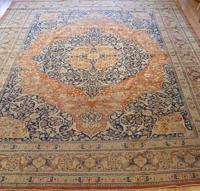 Antique Haji Jalili Tabriz Persian Oriental rug , circa 1840 - 1880's, size: 9' X 13'ft. (275 x 395 cm.), good condition, no repairs, medium to low wool pile, hand washed and  ...